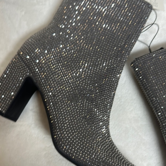 A New Day Silver Gunmetal Grey Ankle Booties with Block Heel and Rhinestones - Picture 2 of 16